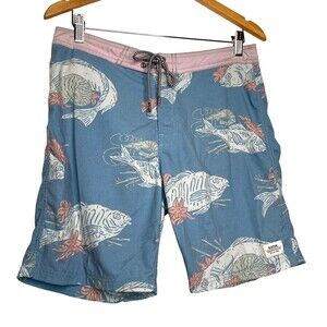 Katin Surf Co Lightweight Snap Fly Board, Swim Shorts. Fish Print, Men's 29, EUC